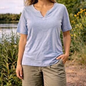 Talbots Tee Womens Blue Heather Short Sleeve Split Neck Preppy Classic Casual